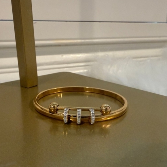 Stainless Steel Gold Plated With CZ Crystal Accent Bangle Bracelet - Picture 3 of 3